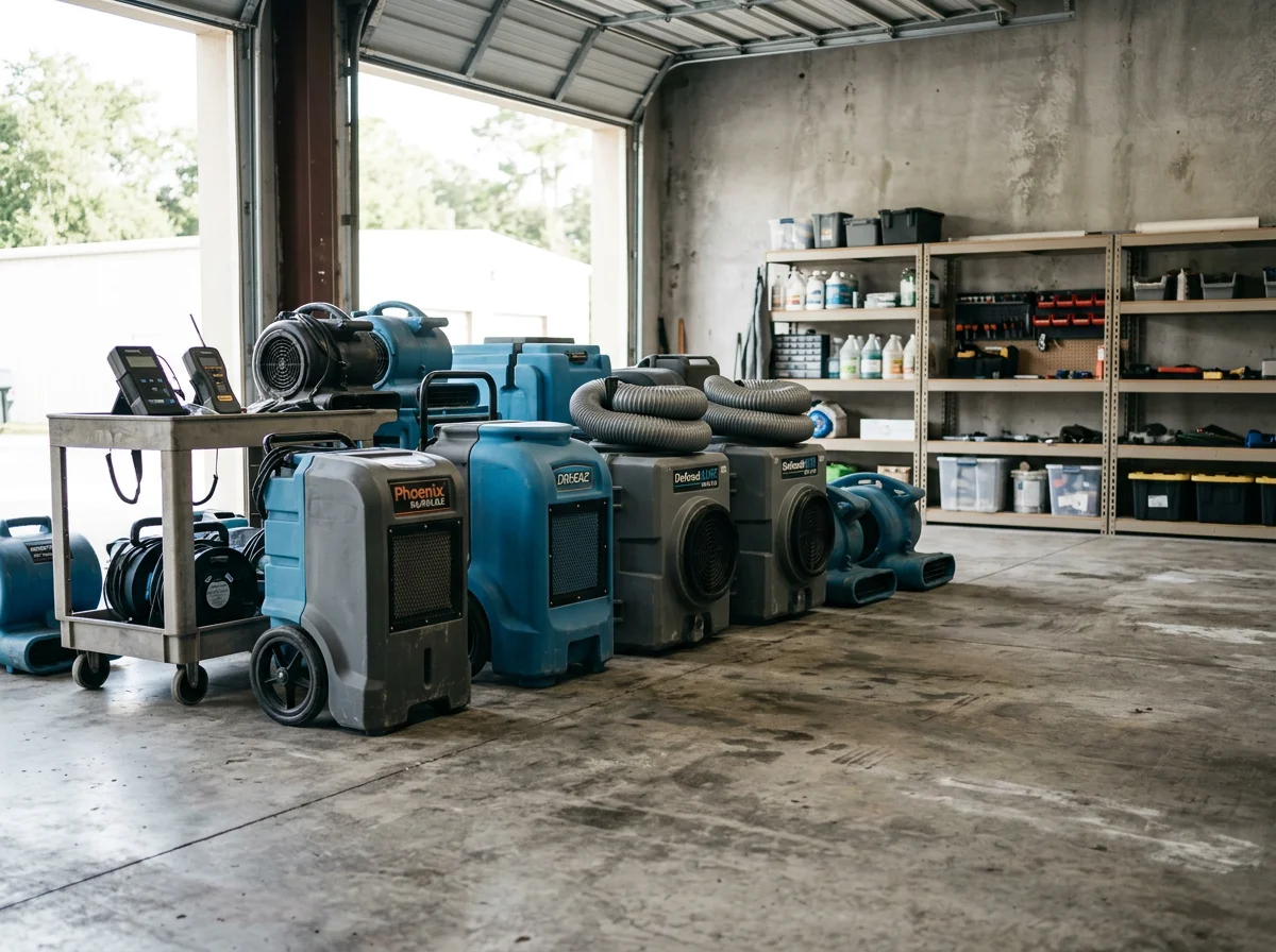 Professional restoration equipment and structural drying tools staged in a service-ready workspace, representing industry-standard water damage and mold remediation capabilities.