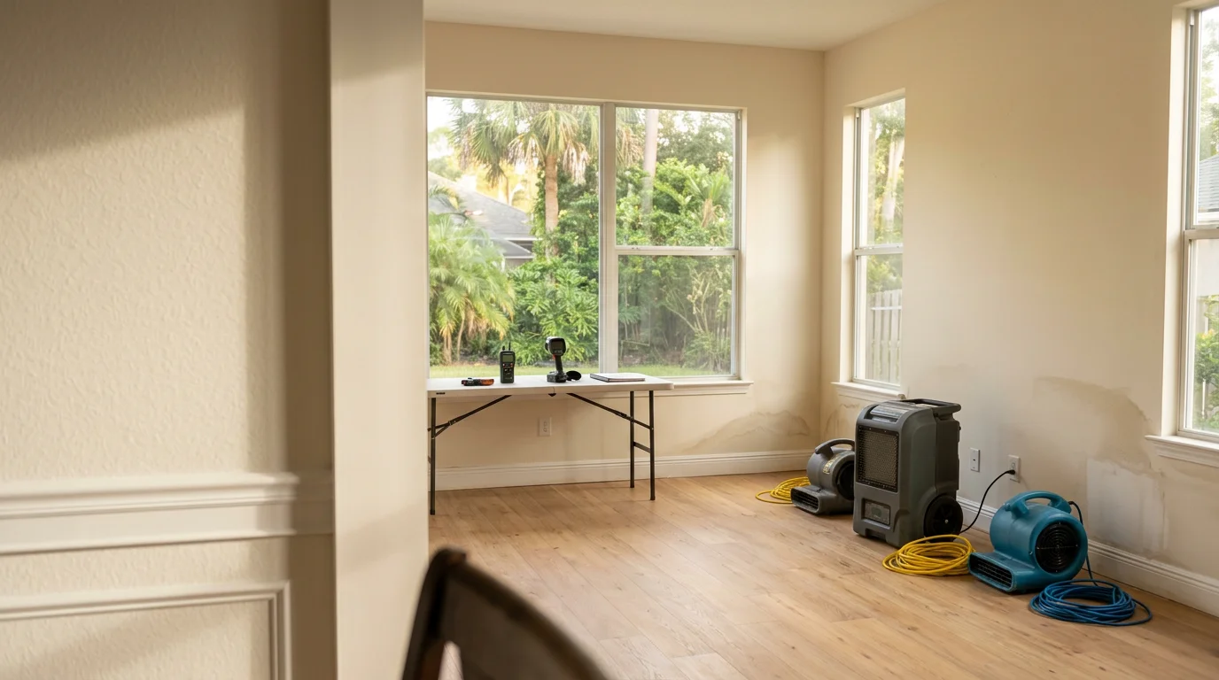 Water damage restoration crew performing structural drying in a Jacksonville home