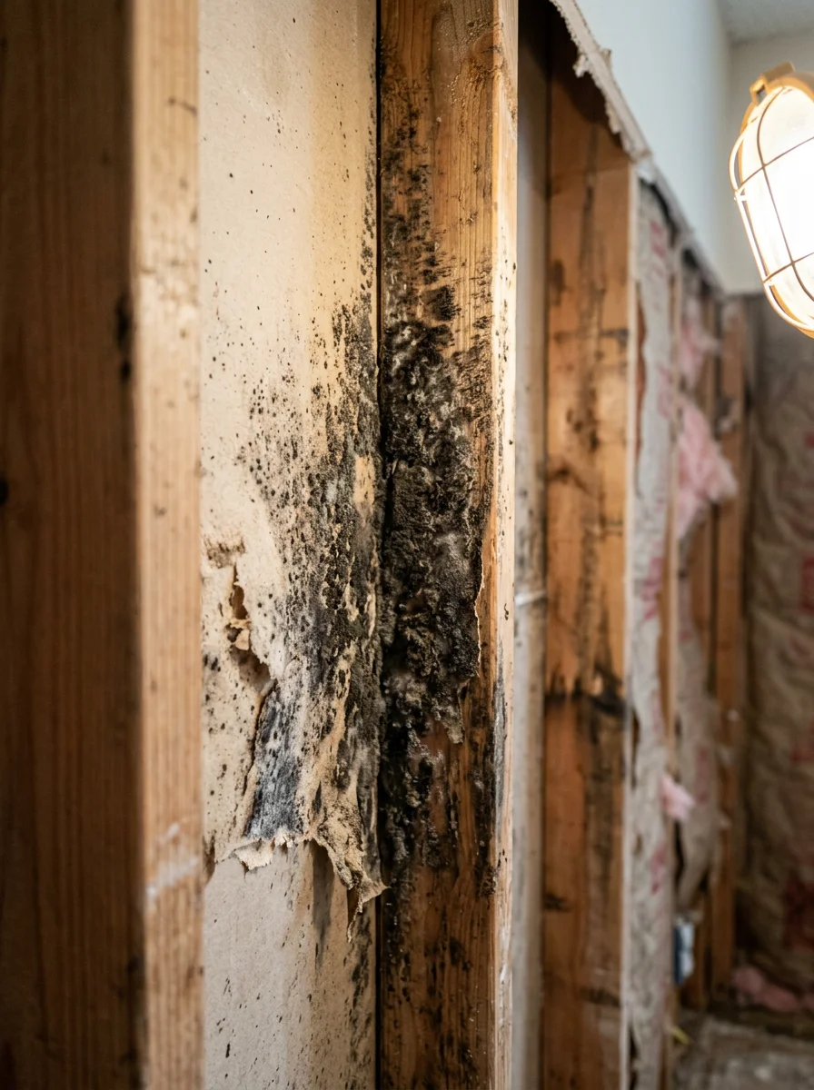 Close-up of mold growth on wood framing inside a wall cavity of a Jacksonville residential property, exposed during a mold remediation inspection.