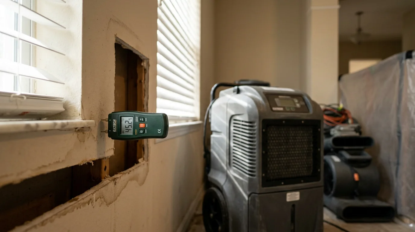Restoration technician using a moisture meter to check drywall in a Jacksonville home after water damage, with dehumidification equipment running in the background.