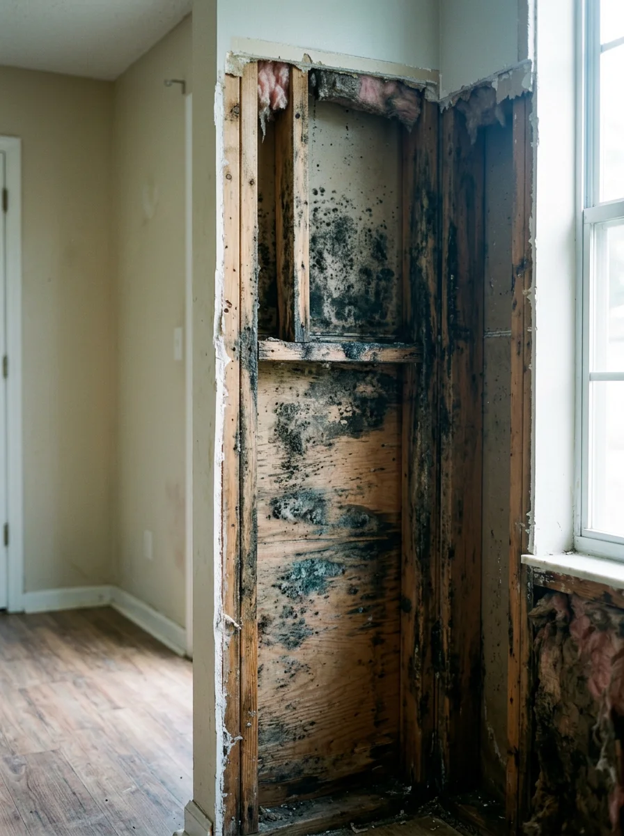 Water-damaged drywall and insulation removed from a wall cavity in a Southside Jacksonville home, exposing mold growth on the wood framing behind it.