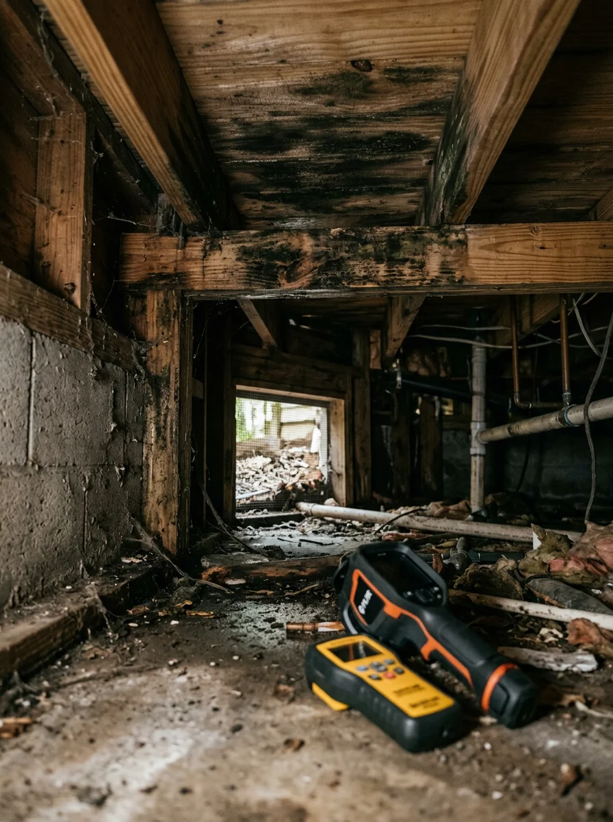 Mold growth visible on the wood framing of a crawl space in a 1990s Ponte Vedra home, exposed during a professional mold inspection using moisture mapping equipment.