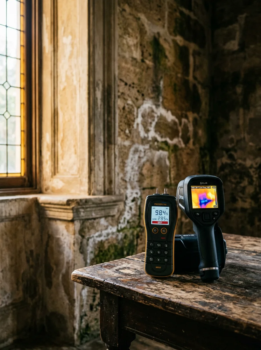 Moisture mapping equipment set up inside a St. Augustine historic district property showing elevated readings on original masonry walls after tidal flooding.