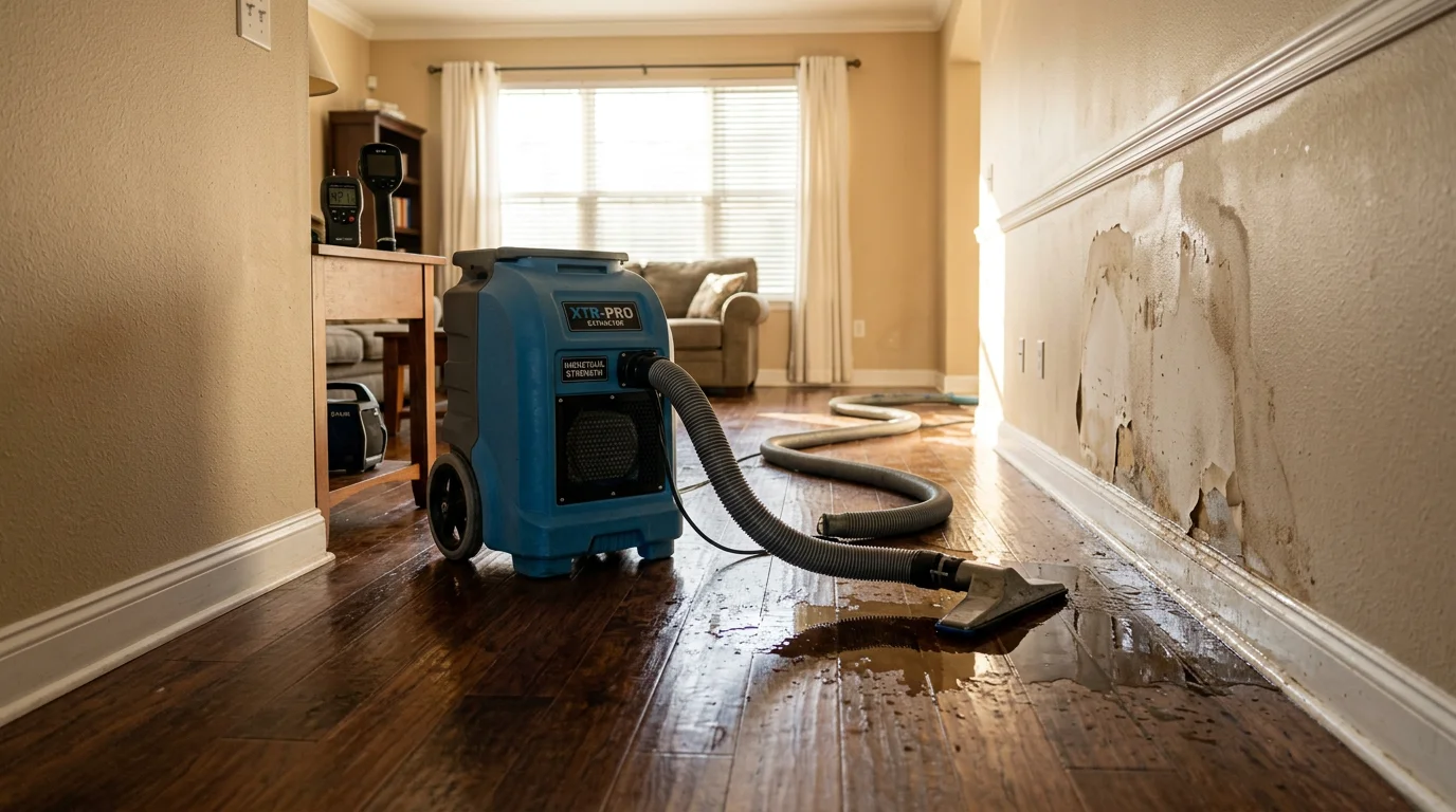 A restoration technician using professional extraction equipment to remove standing water from a flooded living room floor in a Jacksonville, Florida home. Water is visible across the tile and the technician is working near saturated baseboards.