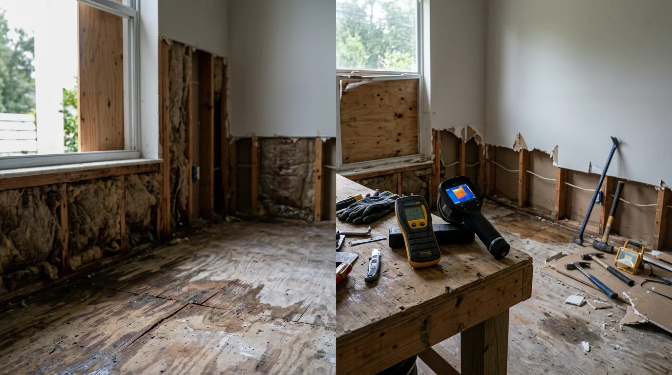 A flood-damaged interior in a Jacksonville home showing removed baseboards and drying equipment placed along saturated walls after storm flooding. A restoration technician inspects moisture levels in the subfloor near the affected area.