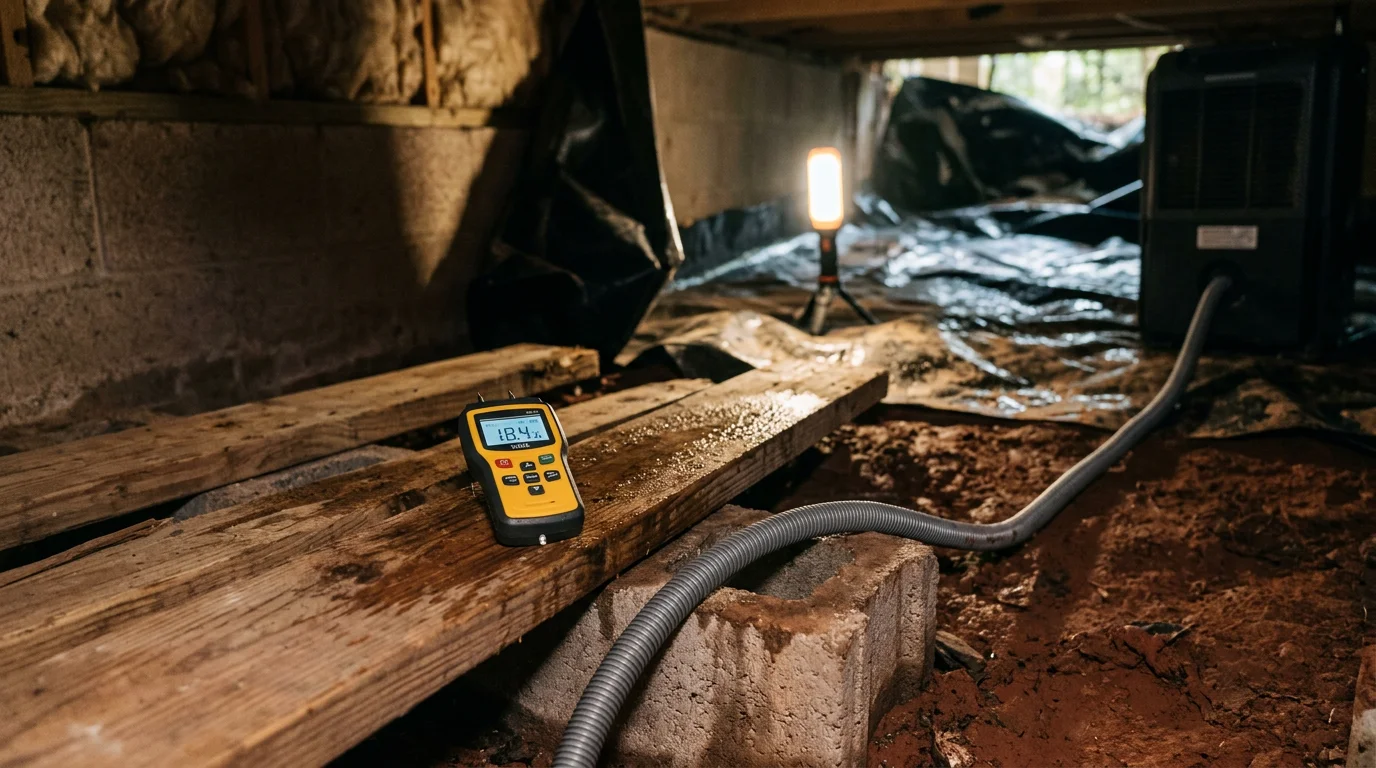 A crawl space beneath a Jacksonville Florida home showing a vapor barrier installation in progress, with exposed soil and floor joists visible in a humid environment. A moisture control technician inspects the area using a detection tool to locate hidden dampness before sealing.