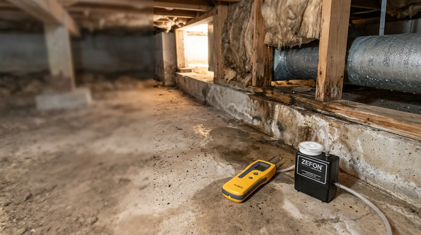 A Florida-licensed mold assessor using a moisture meter on an interior wall in a Jacksonville home, with visible water staining near the baseboard indicating a potential hidden mold source.