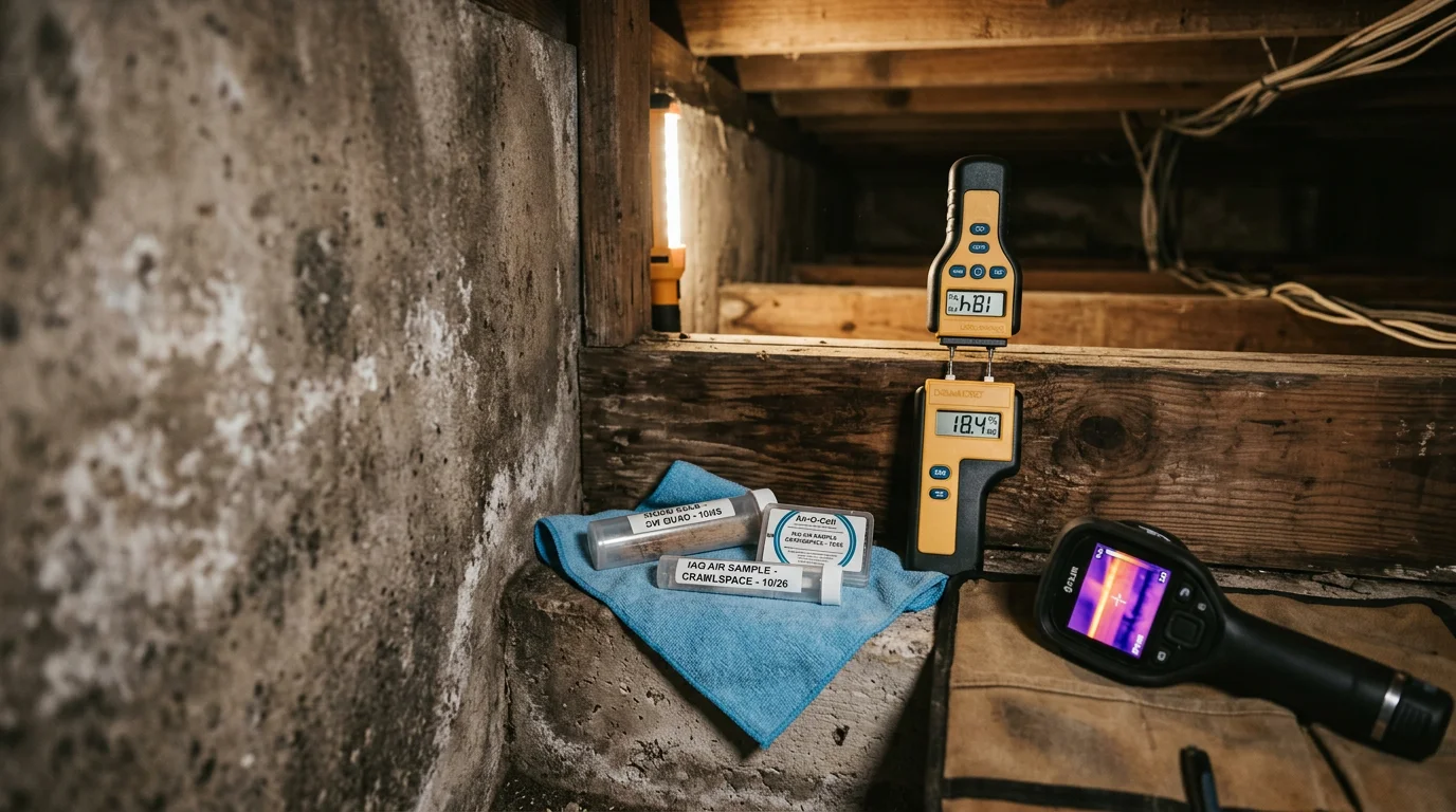 A mold inspector using a moisture meter to assess a wall cavity inside a Jacksonville, Florida home. The inspector examines a discolored section of drywall near a window for signs of water intrusion and mold growth.