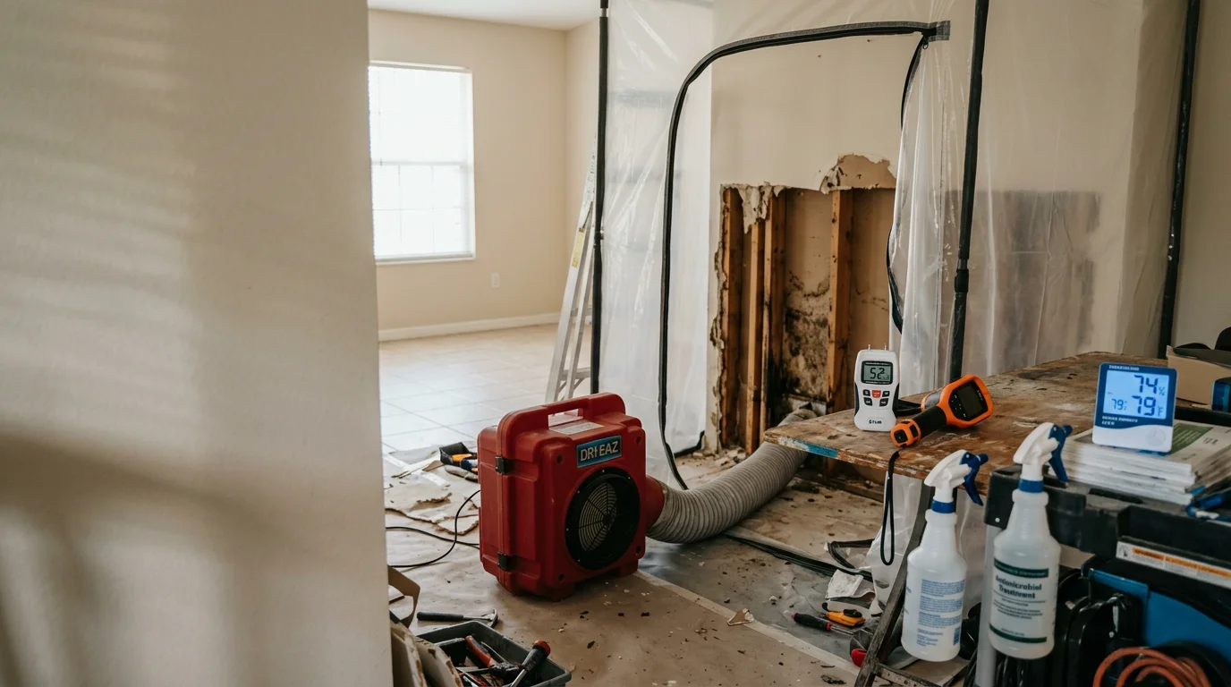 A professional mold remediation technician in protective gear removing mold-damaged drywall inside a Jacksonville, Florida home. Containment plastic sheeting is visible in the background, isolating the affected area from the rest of the property.