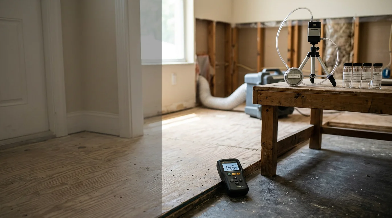 A Florida-licensed mold assessor conducting a post-remediation verification inspection inside a Jacksonville home, reviewing moisture readings and air sampling equipment in a recently remediated room with containment still in place.