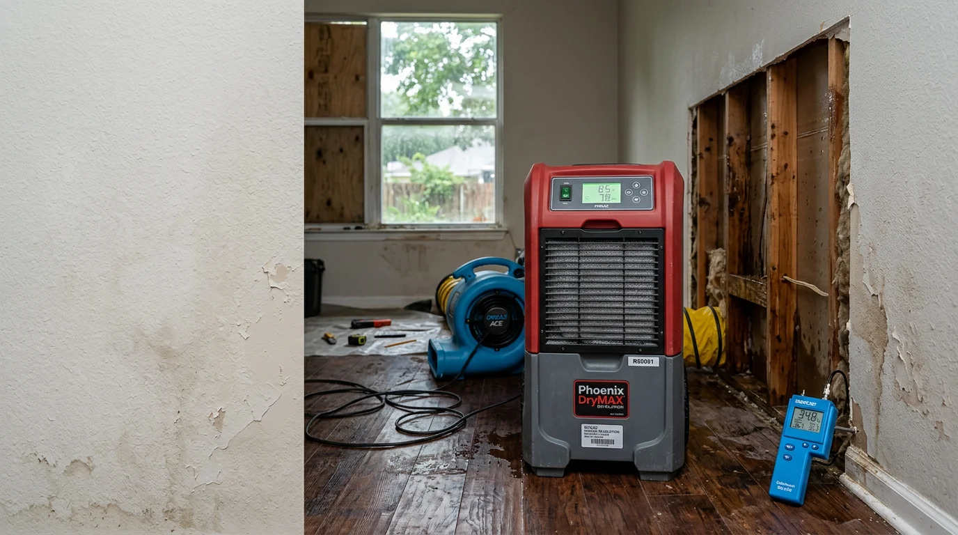 Dehumidifiers and air movers positioned along a water-damaged wall inside a Jacksonville, Florida home during the structural drying process. Moisture monitoring equipment is visible against the baseboard.