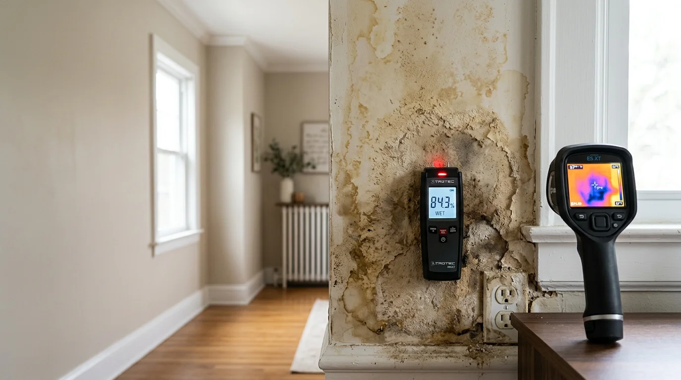 A water damage inspection in progress inside a Jacksonville Florida home, with a technician using a moisture meter to assess a water-stained wall near the baseboard.