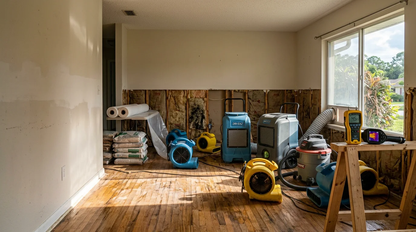 A water-damaged interior room in a Jacksonville Florida home showing wet flooring and moisture-affected drywall during a professional restoration assessment. A restoration technician uses a moisture meter to map hidden water intrusion along the base of an interior wall.